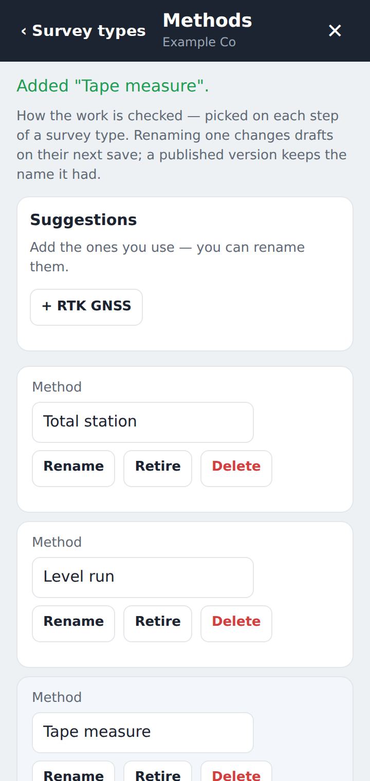 The Methods list with Total station, Level run and Tape measure