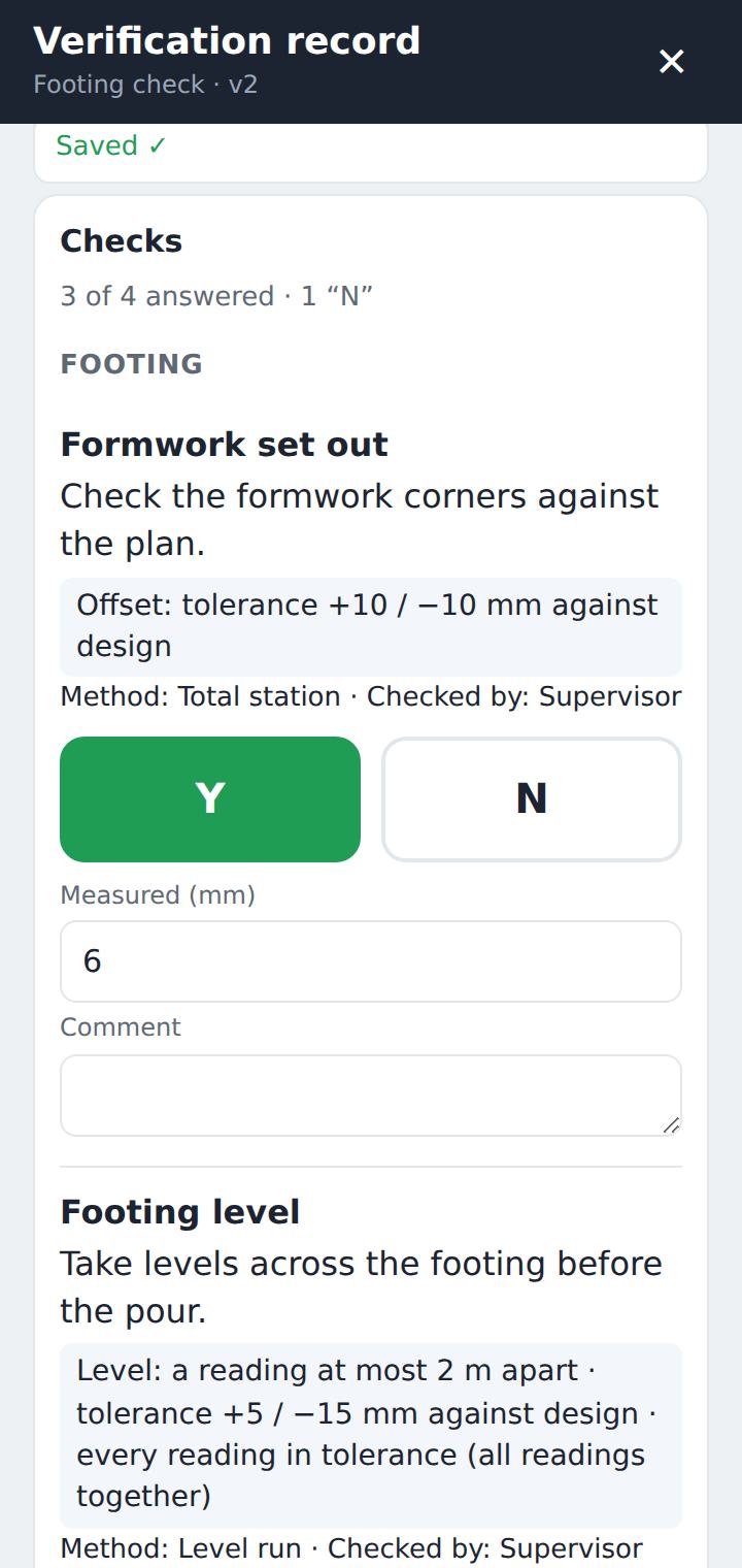 Answering each check Y or N with a measured value